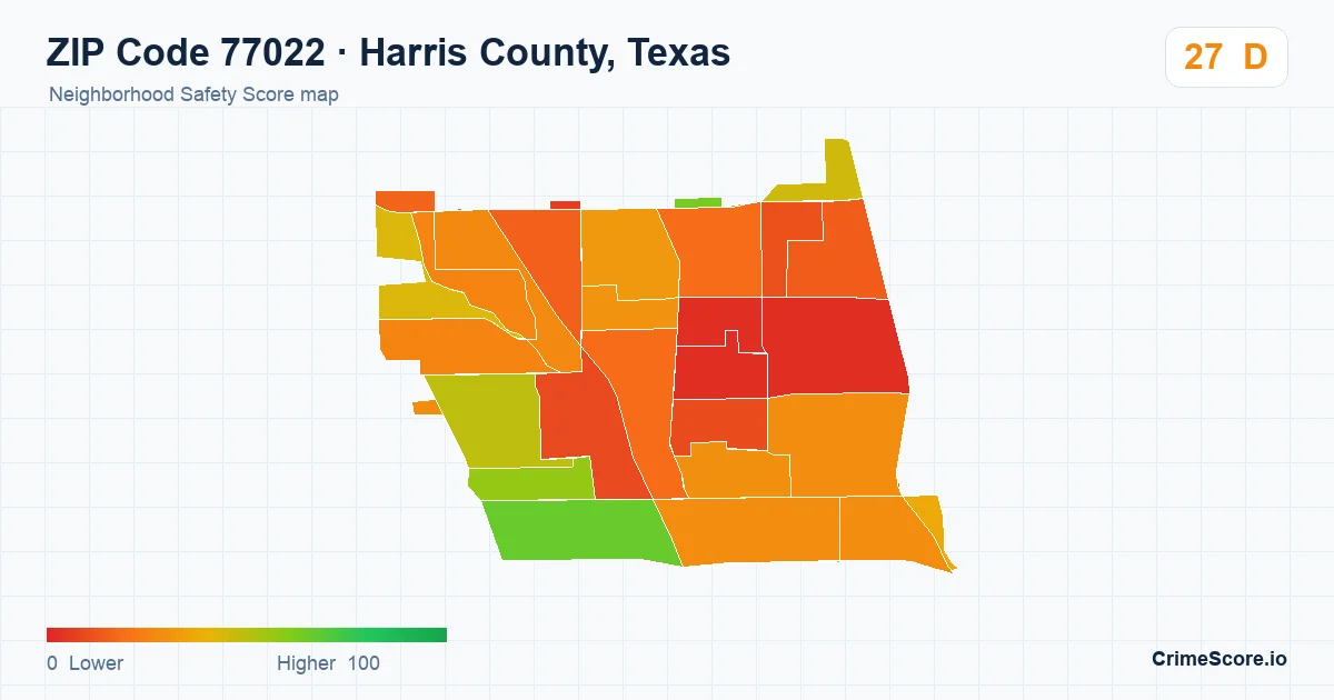 ZIP Code 77022 in Harris County, Texas neighborhood Safety Score map