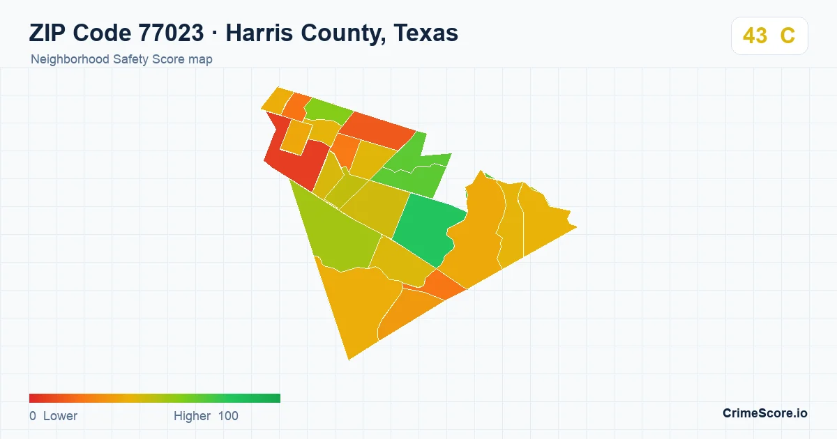 ZIP Code 77023 in Harris County, Texas neighborhood Safety Score map