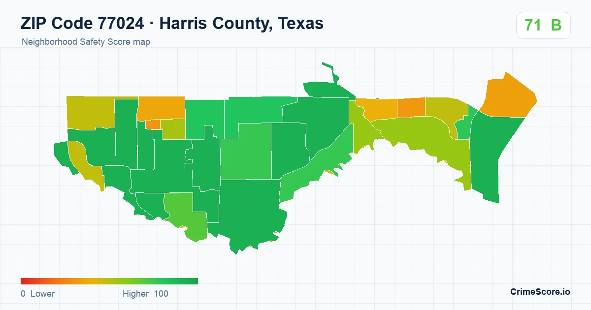 ZIP Code 77024 in Harris County, Texas neighborhood Safety Score map