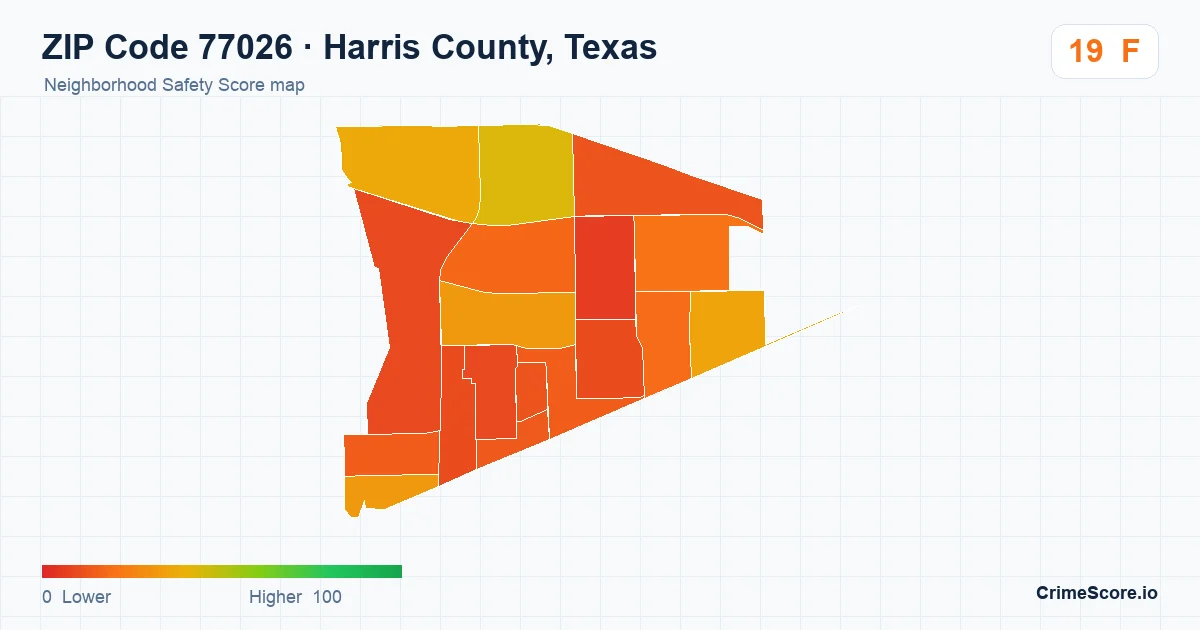 ZIP Code 77026 in Harris County, Texas neighborhood Safety Score map