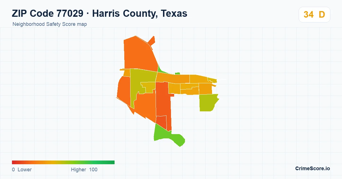 ZIP Code 77029 in Harris County, Texas neighborhood Safety Score map