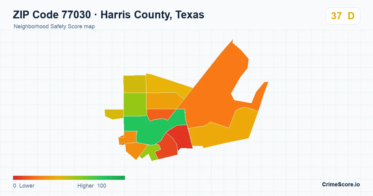 ZIP Code 77030 in Harris County, Texas neighborhood Safety Score map