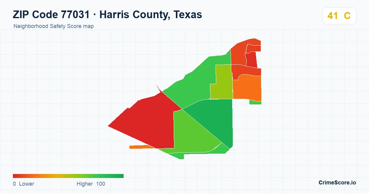 ZIP Code 77031 in Harris County, Texas neighborhood Safety Score map