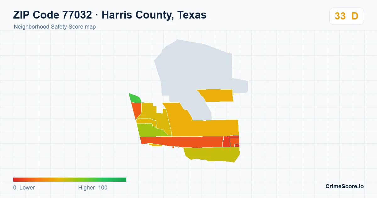 ZIP Code 77032 in Harris County, Texas neighborhood Safety Score map