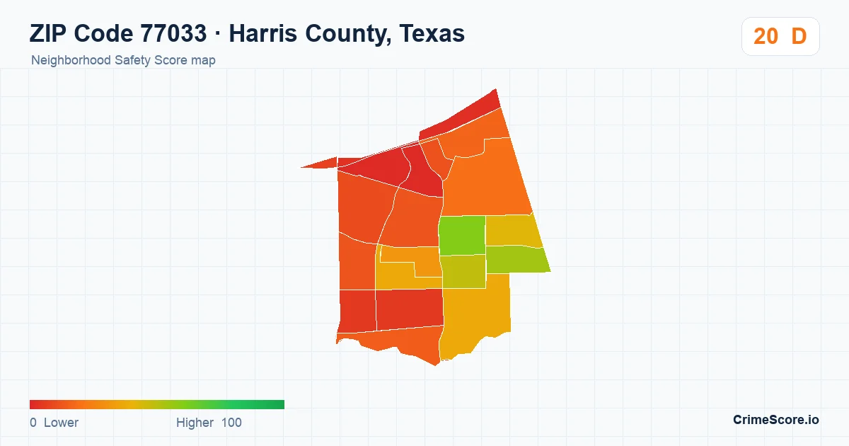 ZIP Code 77033 in Harris County, Texas neighborhood Safety Score map