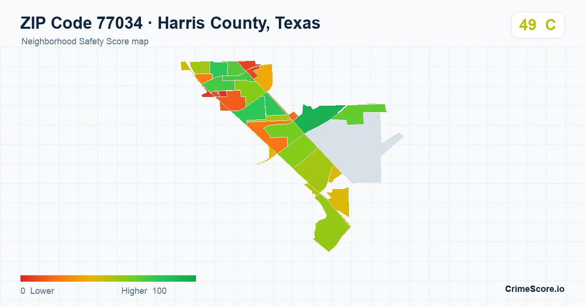 ZIP Code 77034 in Harris County, Texas neighborhood Safety Score map