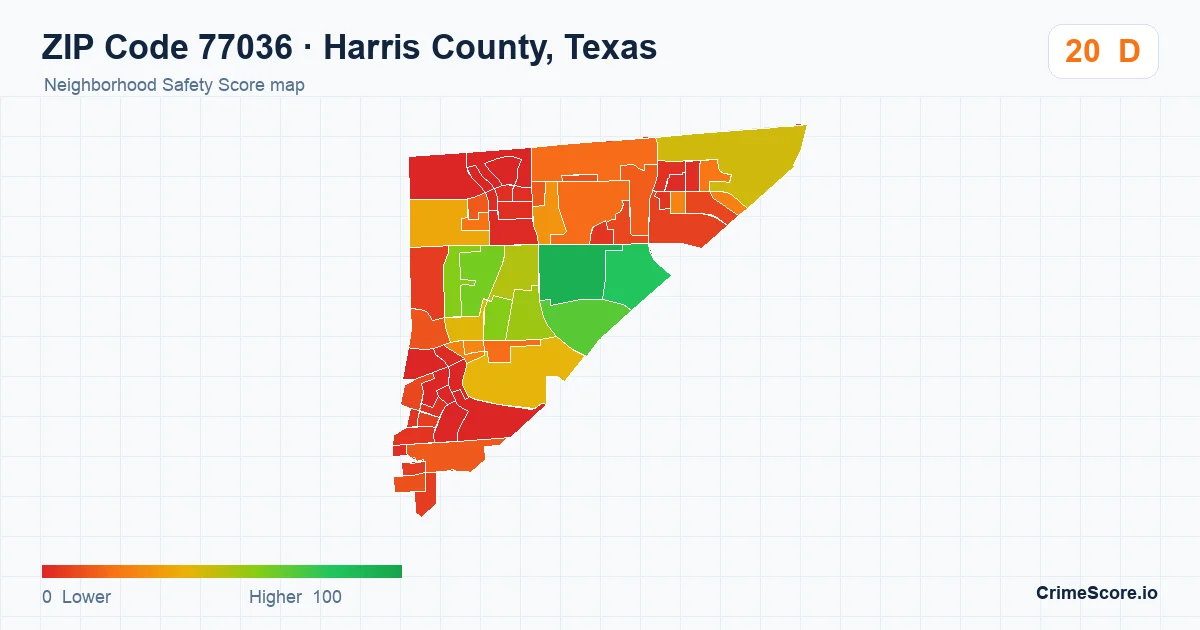 ZIP Code 77036 in Harris County, Texas neighborhood Safety Score map
