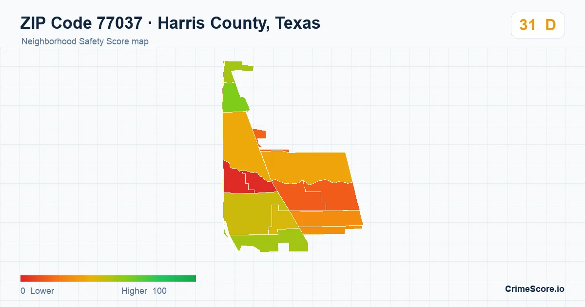 ZIP Code 77037 in Harris County, Texas neighborhood Safety Score map