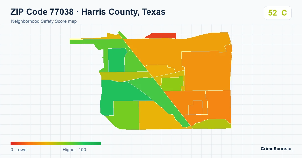 ZIP Code 77038 in Harris County, Texas neighborhood Safety Score map
