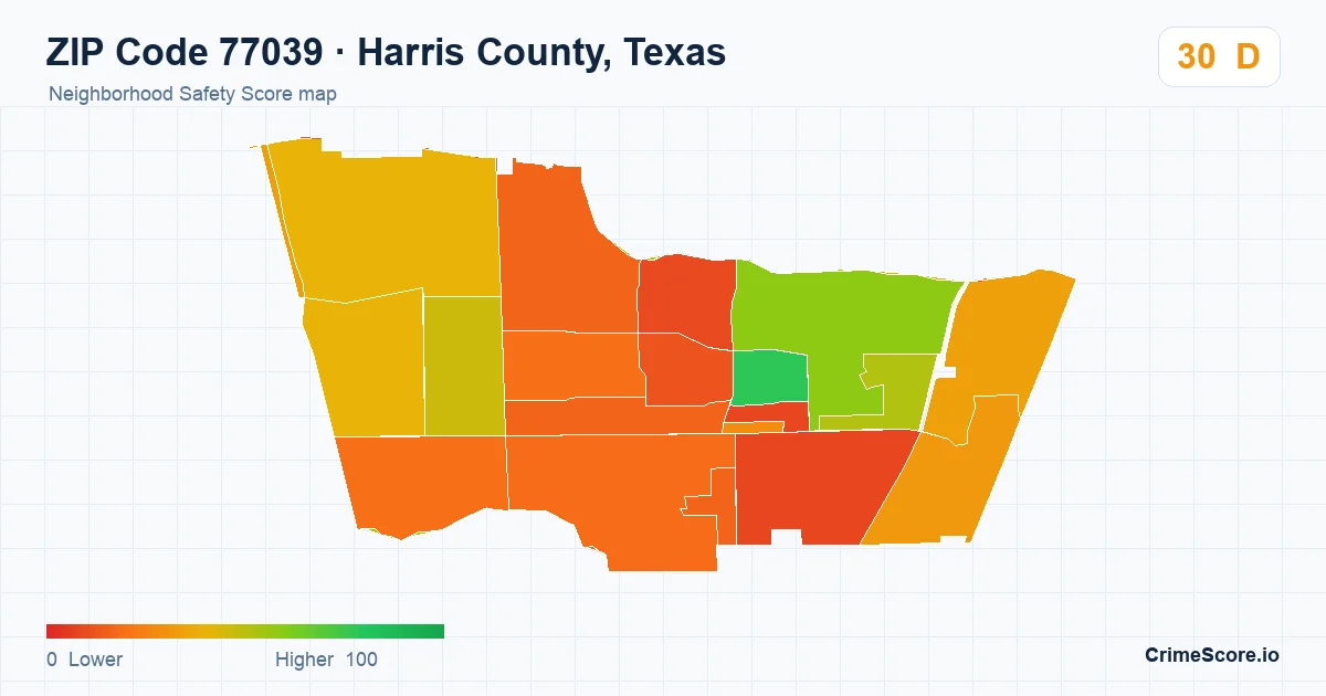 ZIP Code 77039 in Harris County, Texas neighborhood Safety Score map