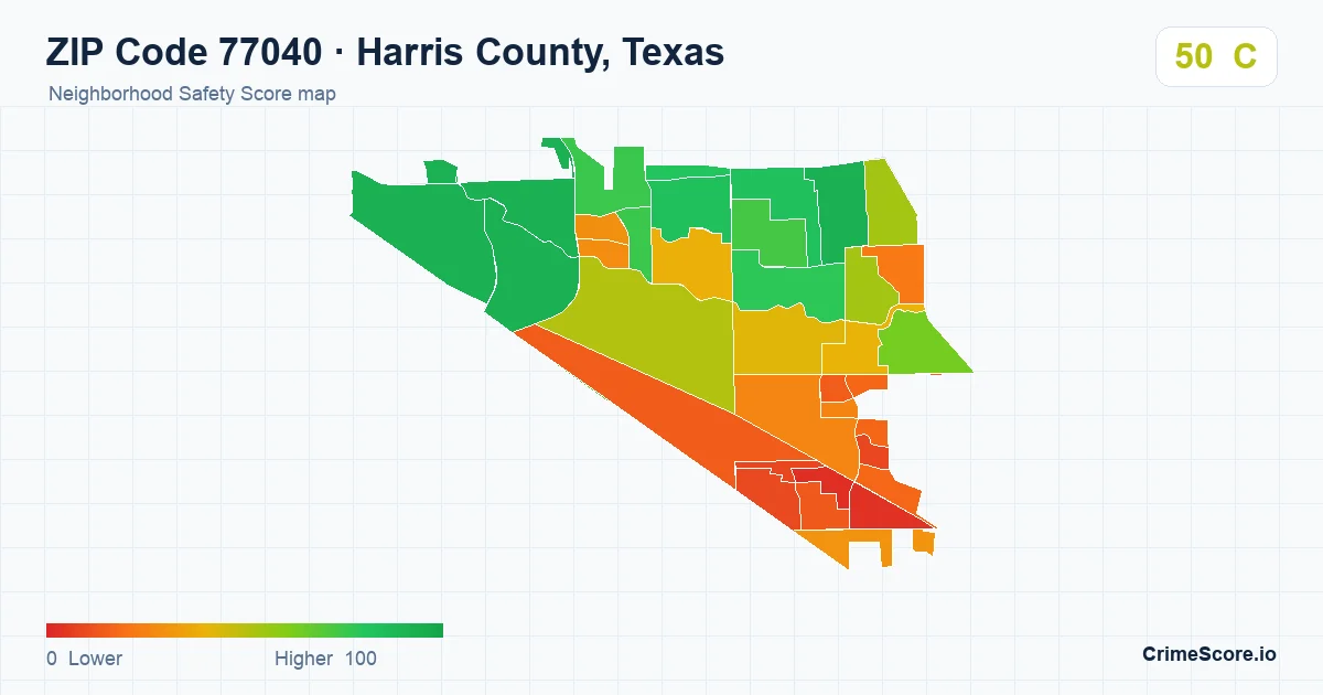 ZIP Code 77040 in Harris County, Texas neighborhood Safety Score map