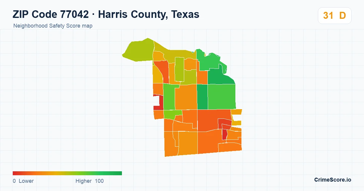 ZIP Code 77042 in Harris County, Texas neighborhood Safety Score map