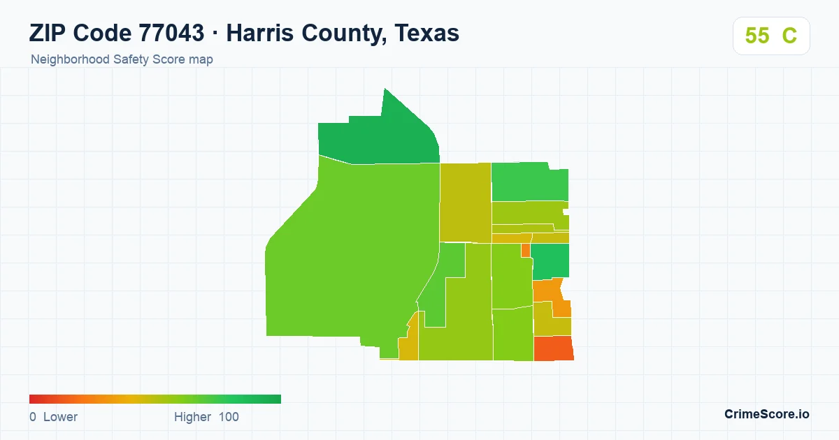 ZIP Code 77043 in Harris County, Texas neighborhood Safety Score map