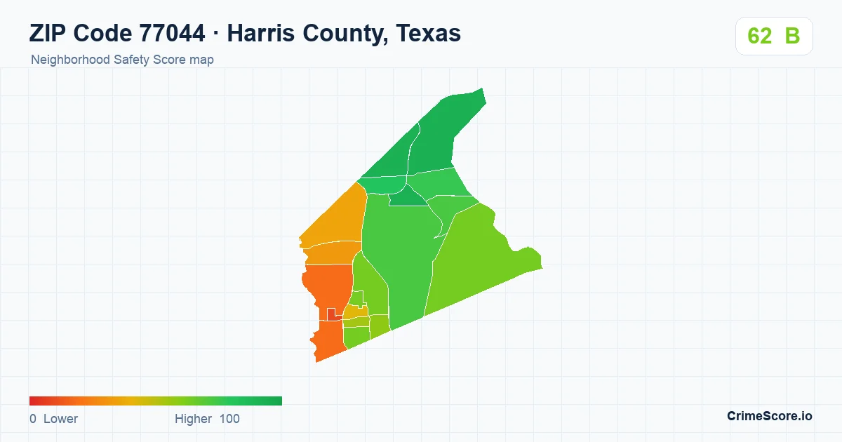 ZIP Code 77044 in Harris County, Texas neighborhood Safety Score map
