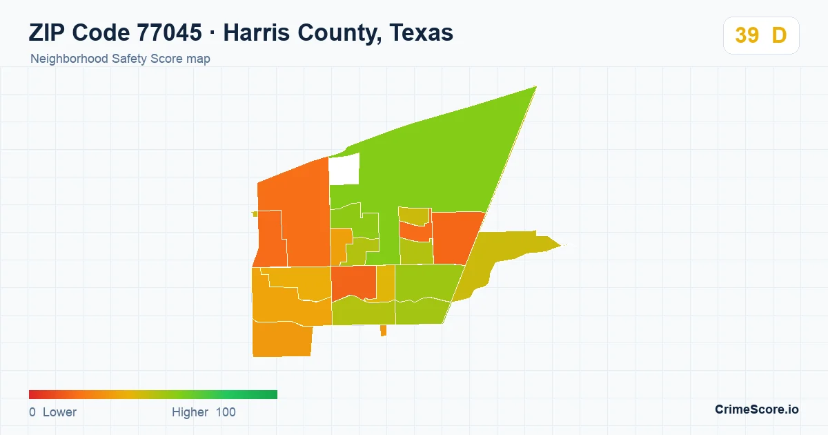 ZIP Code 77045 in Harris County, Texas neighborhood Safety Score map