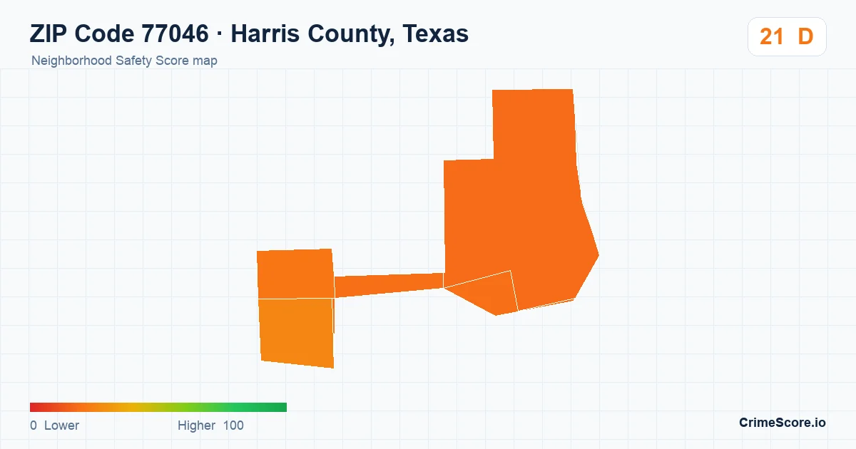 ZIP Code 77046 in Harris County, Texas neighborhood Safety Score map