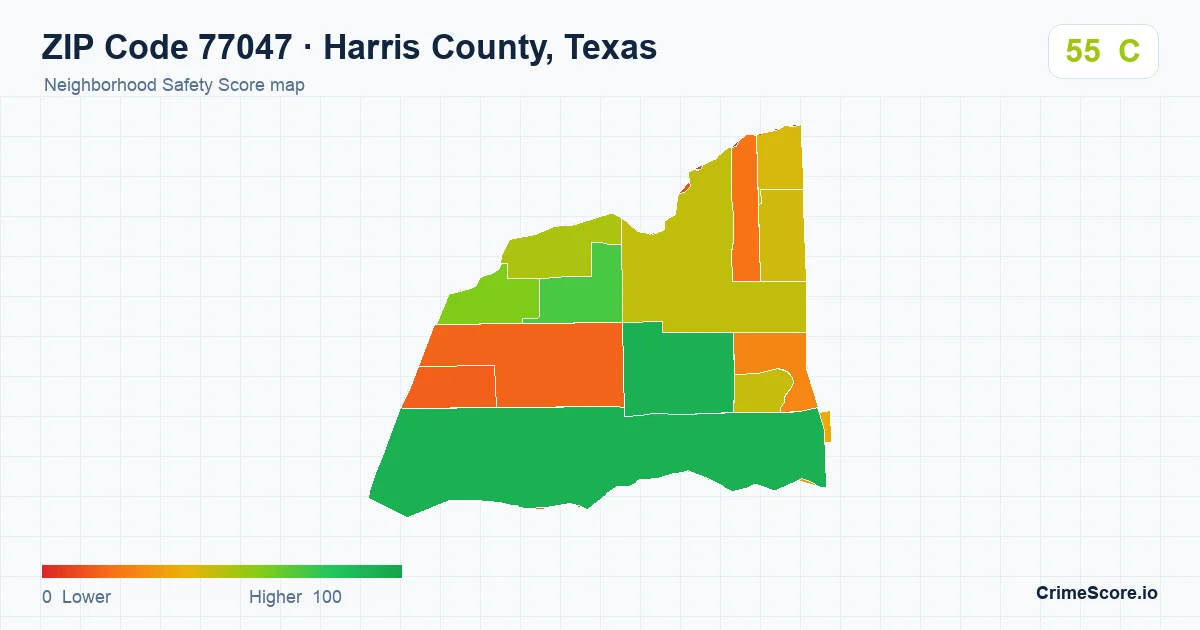 ZIP Code 77047 in Harris County, Texas neighborhood Safety Score map