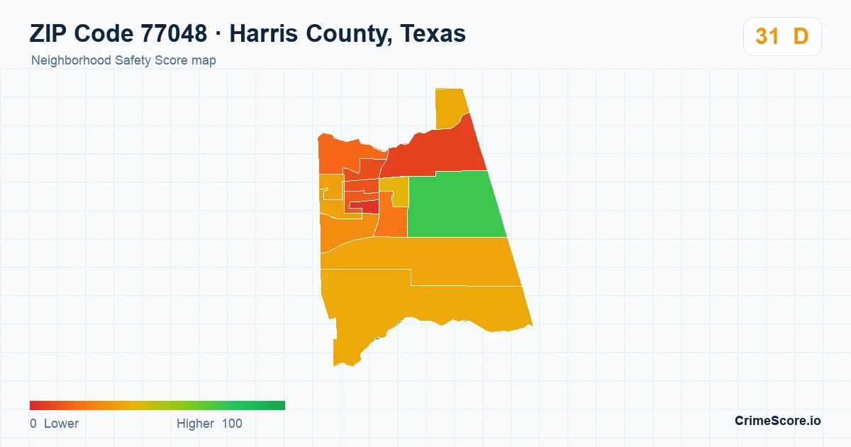 ZIP Code 77048 in Harris County, Texas neighborhood Safety Score map