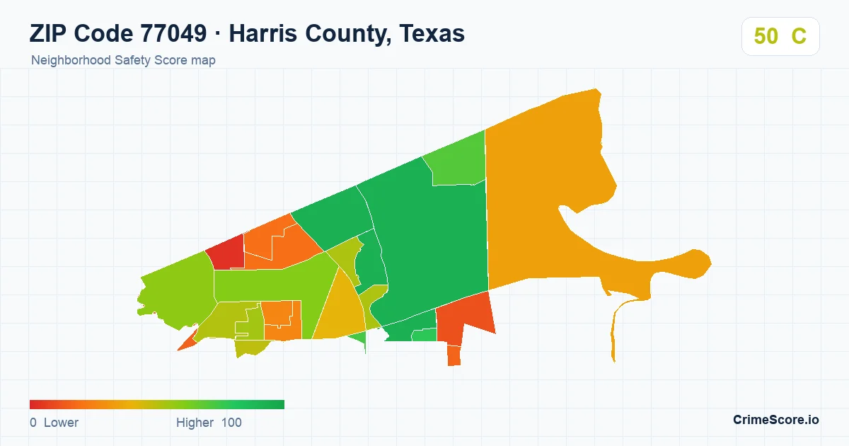 ZIP Code 77049 in Harris County, Texas neighborhood Safety Score map