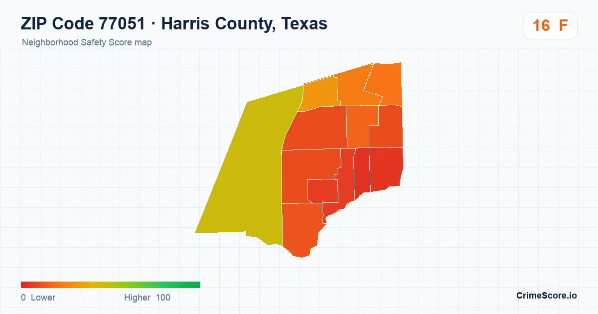 ZIP Code 77051 in Harris County, Texas neighborhood Safety Score map