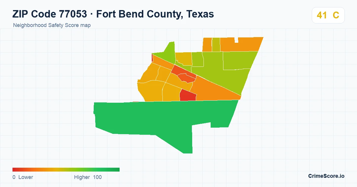 ZIP Code 77053 in Fort Bend County, Texas neighborhood Safety Score map