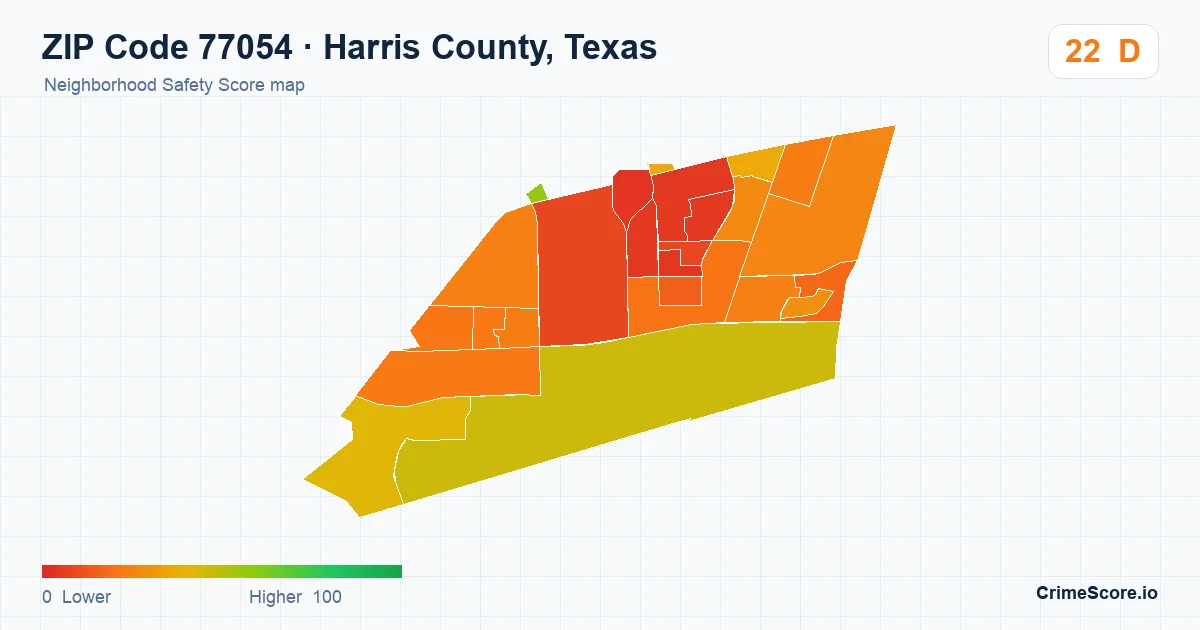 ZIP Code 77054 in Harris County, Texas neighborhood Safety Score map