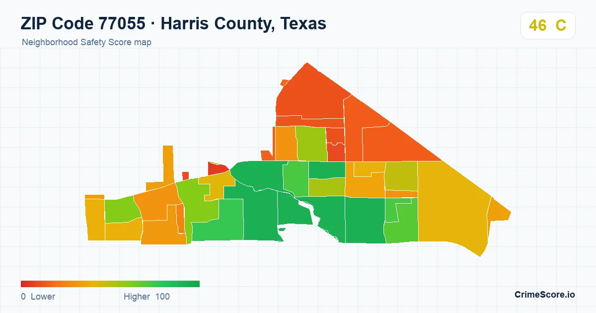 ZIP Code 77055 in Harris County, Texas neighborhood Safety Score map