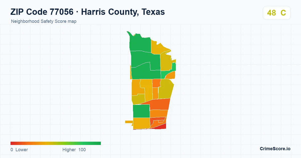 ZIP Code 77056 in Harris County, Texas neighborhood Safety Score map