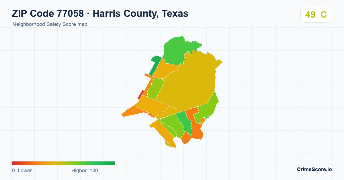 ZIP Code 77058 in Harris County, Texas neighborhood Safety Score map