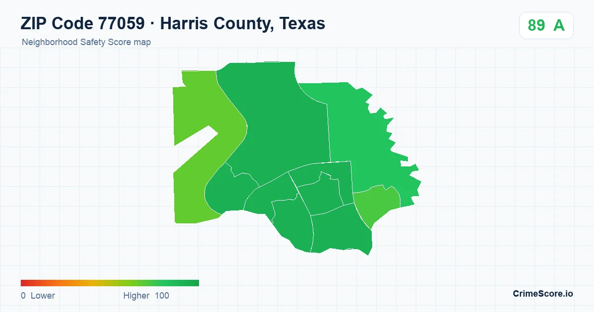 ZIP Code 77059 in Harris County, Texas neighborhood Safety Score map