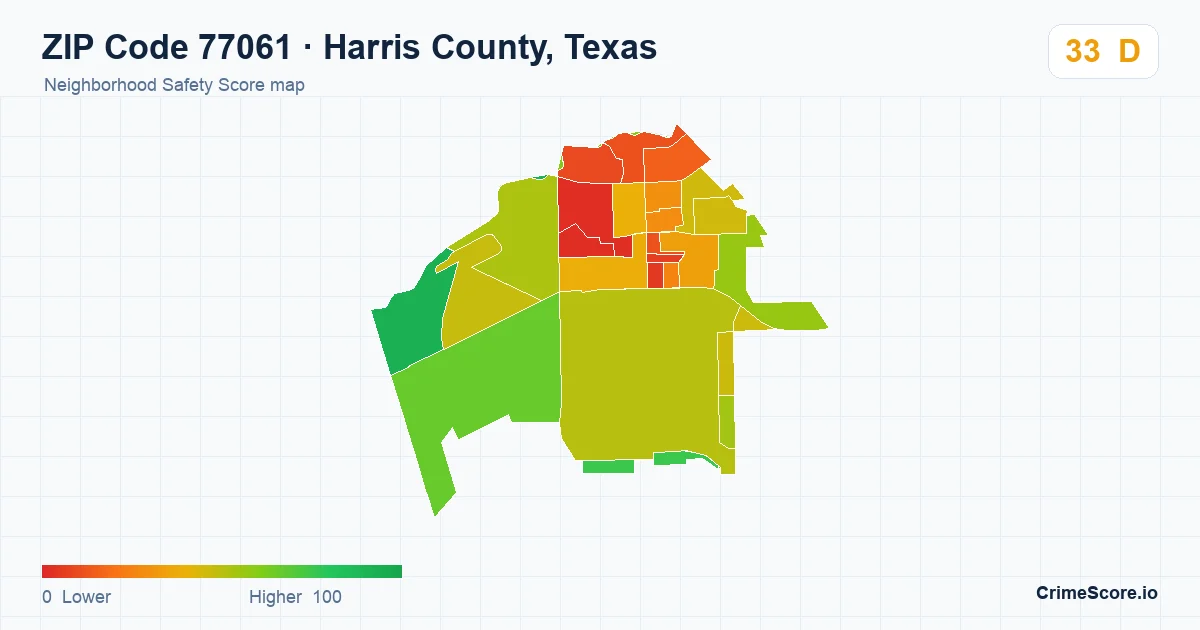 ZIP Code 77061 in Harris County, Texas neighborhood Safety Score map