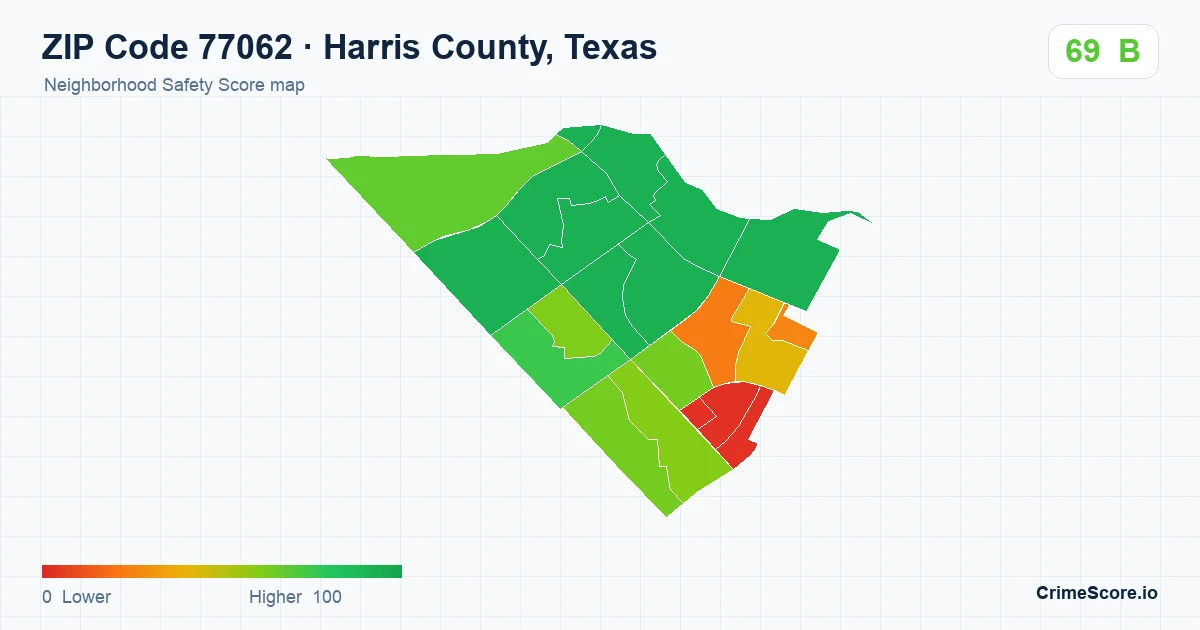 ZIP Code 77062 in Harris County, Texas neighborhood Safety Score map