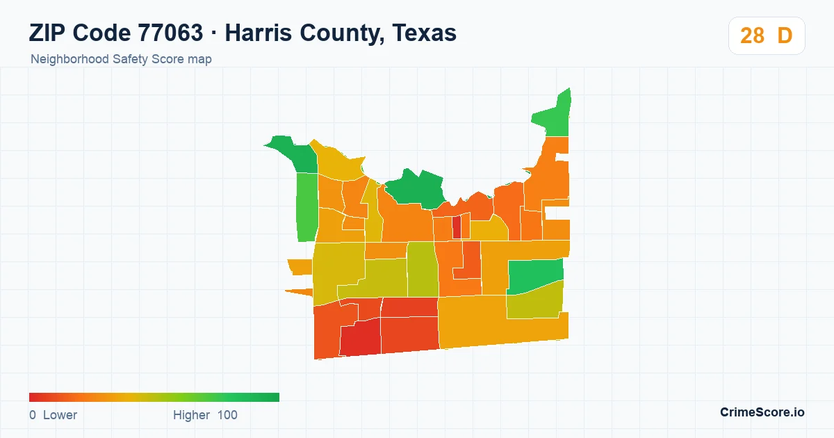 ZIP Code 77063 in Harris County, Texas neighborhood Safety Score map