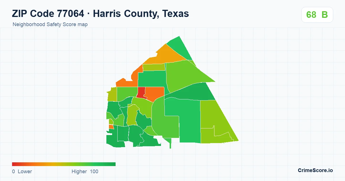 ZIP Code 77064 in Harris County, Texas neighborhood Safety Score map