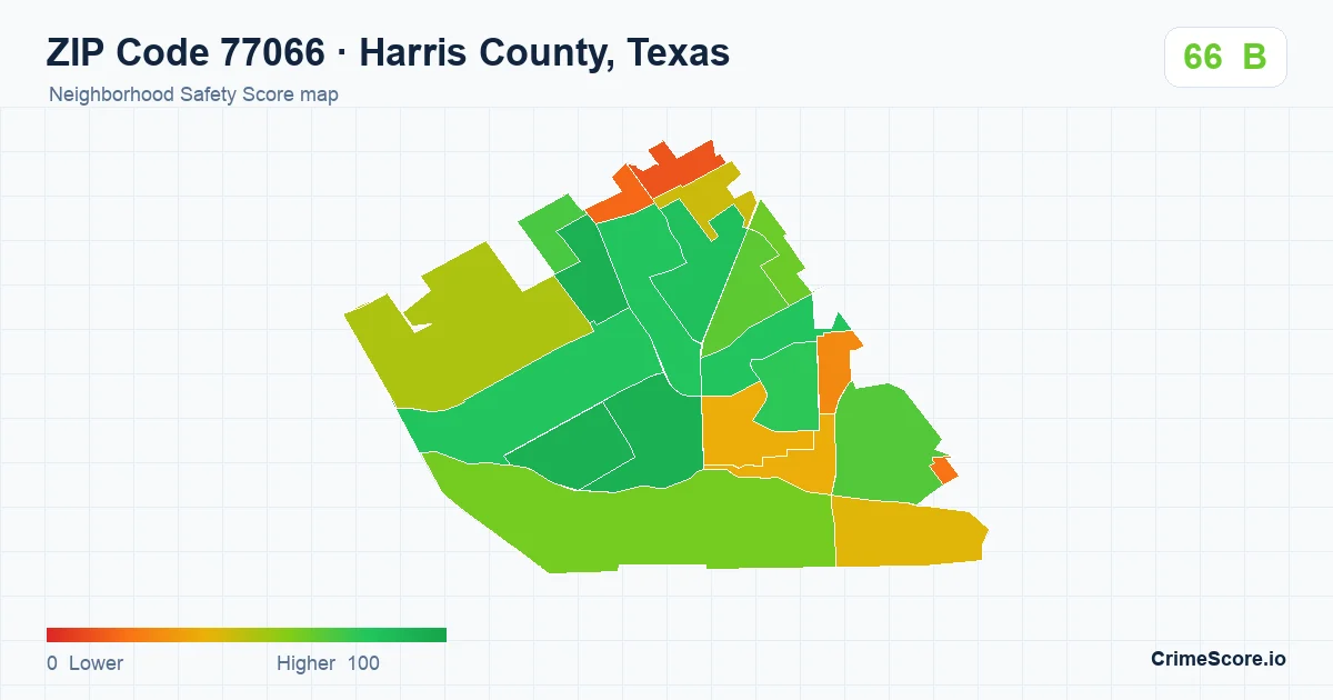 ZIP Code 77066 in Harris County, Texas neighborhood Safety Score map