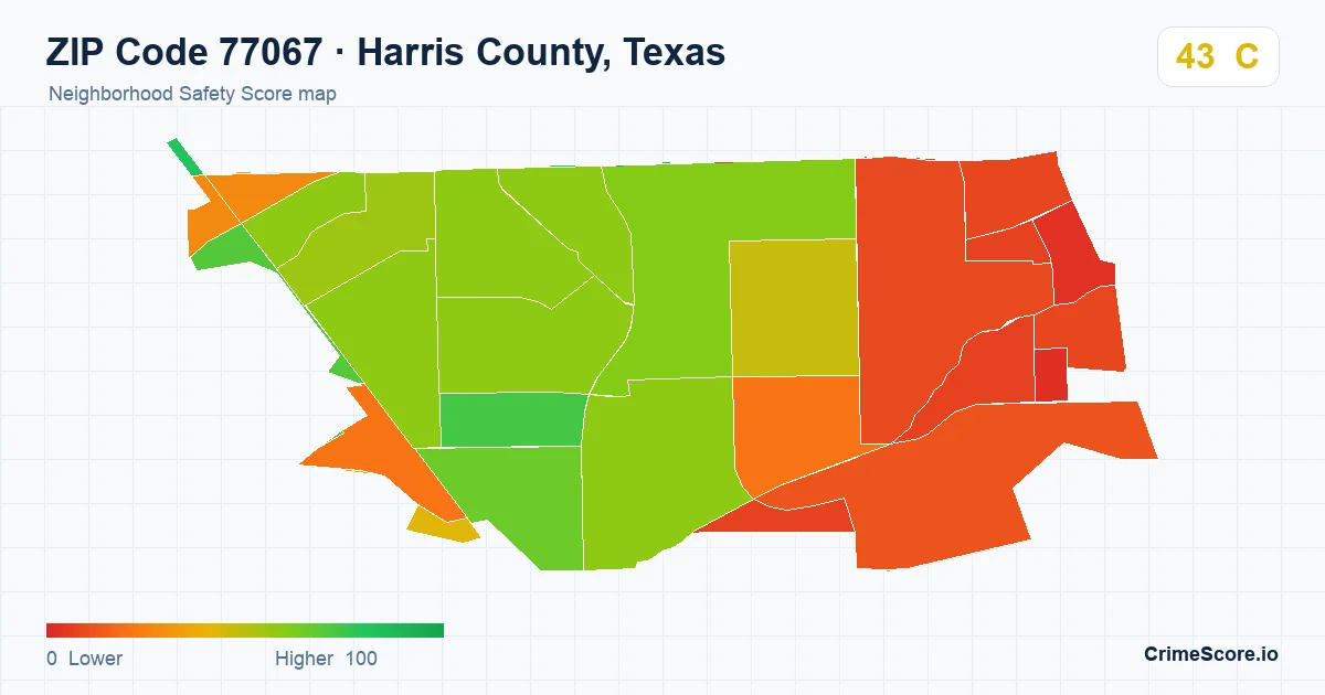 ZIP Code 77067 in Harris County, Texas neighborhood Safety Score map
