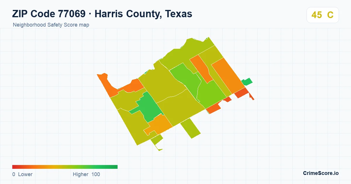 ZIP Code 77069 in Harris County, Texas neighborhood Safety Score map