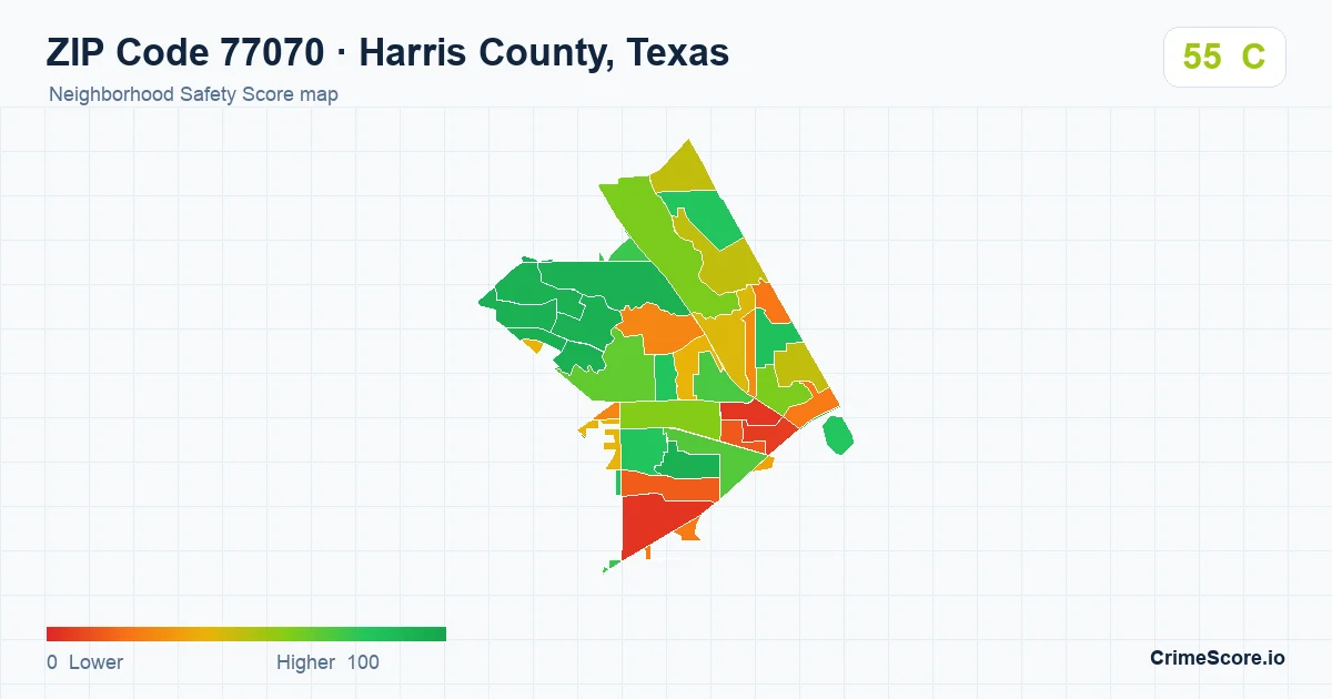 ZIP Code 77070 in Harris County, Texas neighborhood Safety Score map