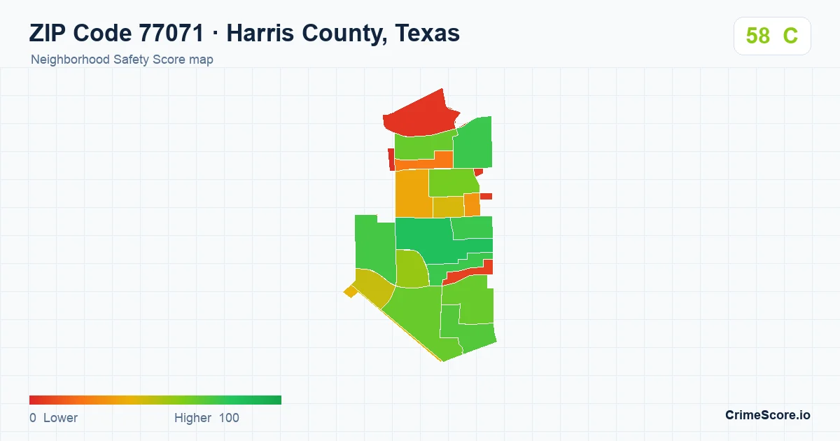 ZIP Code 77071 in Harris County, Texas neighborhood Safety Score map