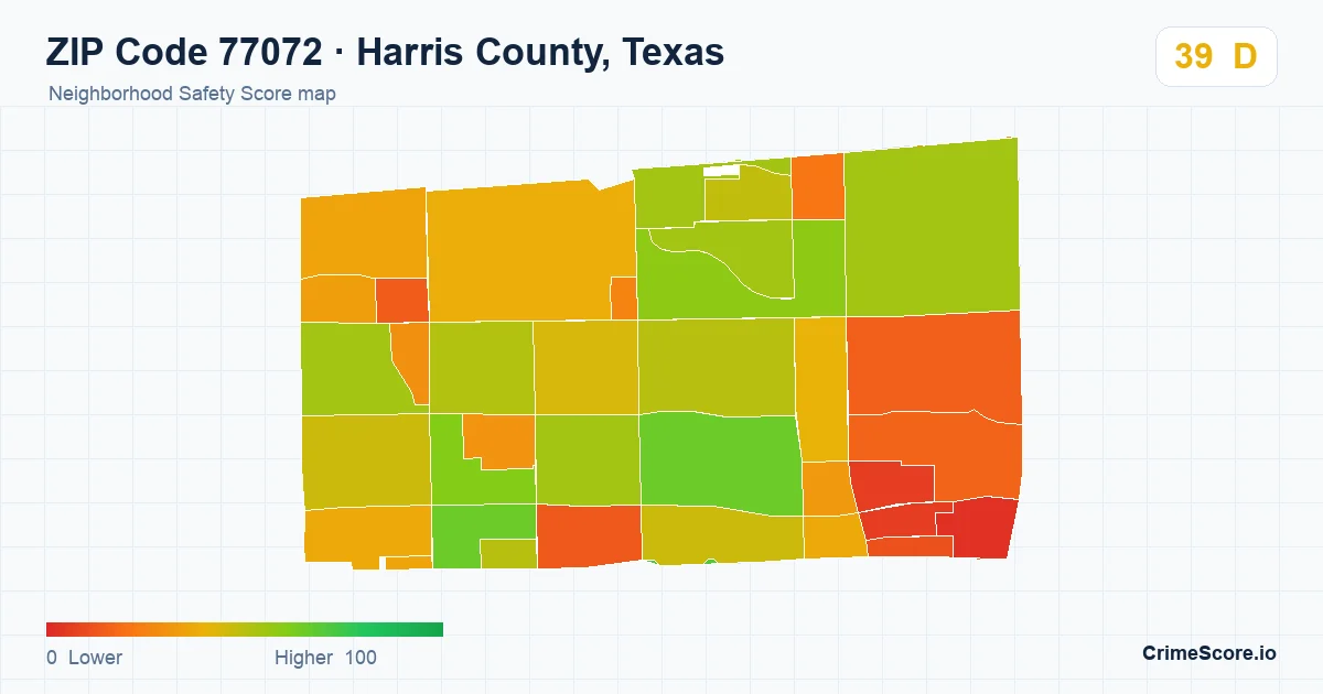 ZIP Code 77072 in Harris County, Texas neighborhood Safety Score map