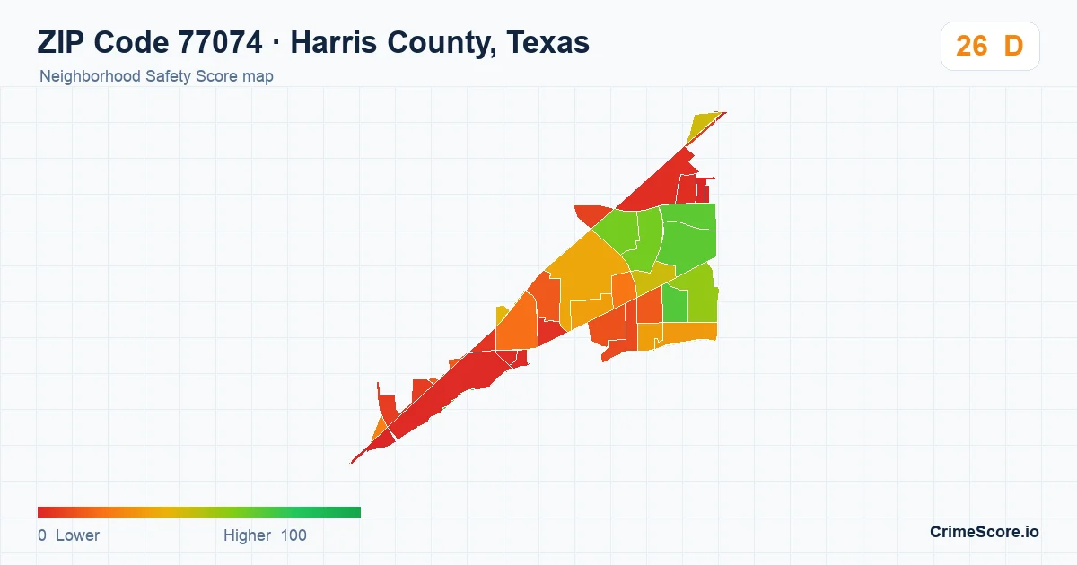 ZIP Code 77074 in Harris County, Texas neighborhood Safety Score map