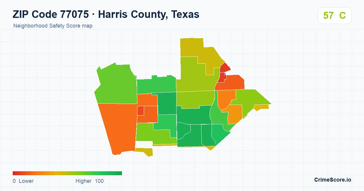 ZIP Code 77075 in Harris County, Texas neighborhood Safety Score map