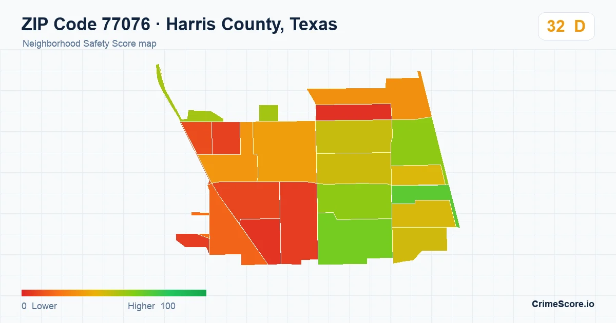 ZIP Code 77076 in Harris County, Texas neighborhood Safety Score map