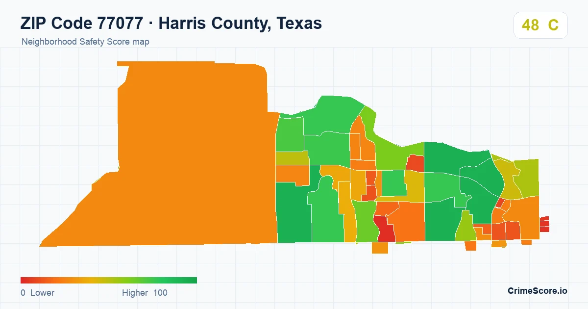 ZIP Code 77077 in Harris County, Texas neighborhood Safety Score map