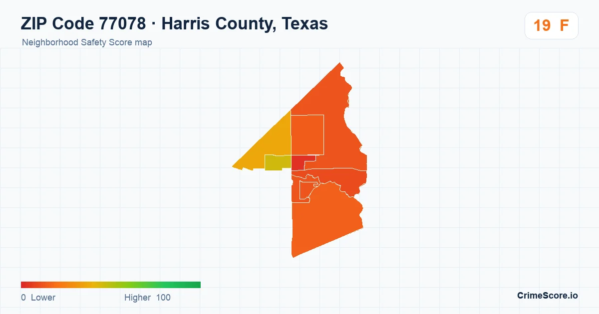 ZIP Code 77078 in Harris County, Texas neighborhood Safety Score map