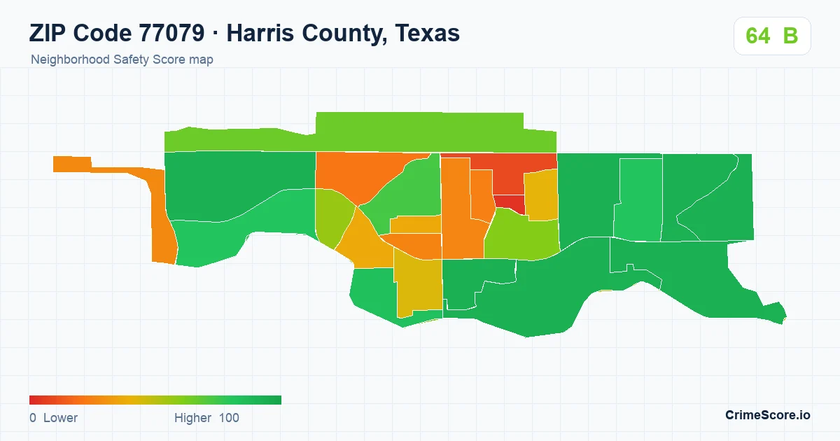 ZIP Code 77079 in Harris County, Texas neighborhood Safety Score map
