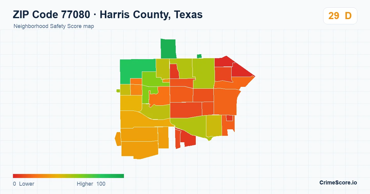 ZIP Code 77080 in Harris County, Texas neighborhood Safety Score map