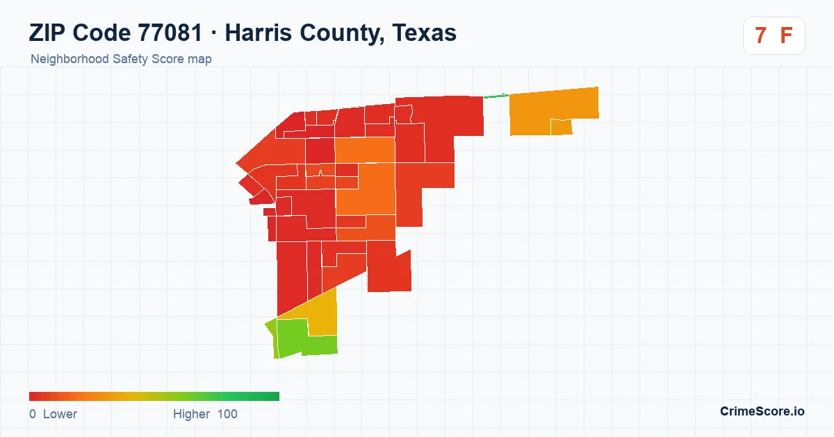 ZIP Code 77081 in Harris County, Texas neighborhood Safety Score map