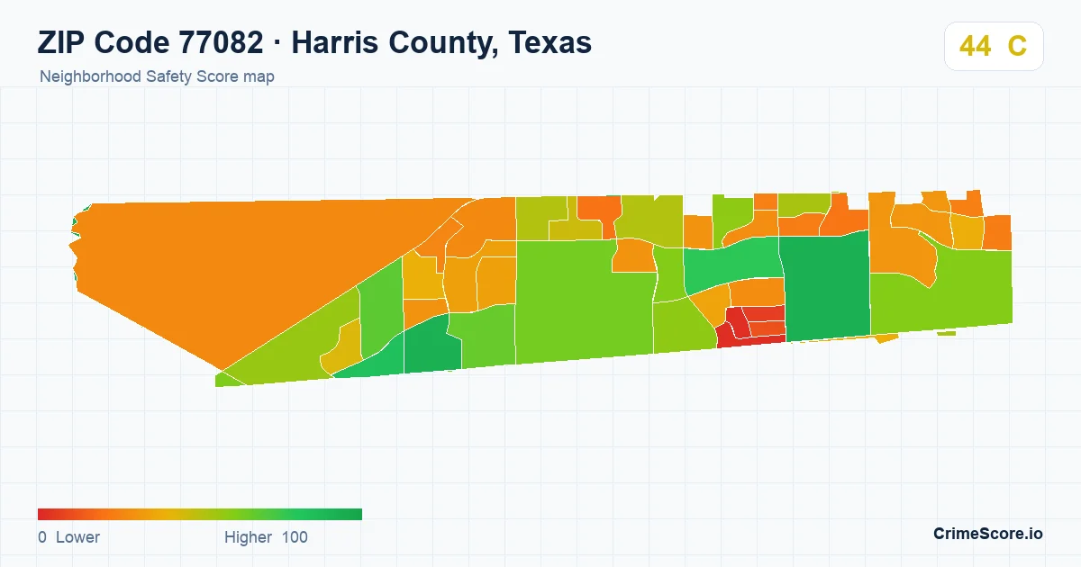 ZIP Code 77082 in Harris County, Texas neighborhood Safety Score map