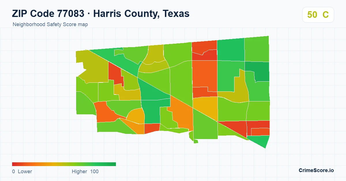 ZIP Code 77083 in Harris County, Texas neighborhood Safety Score map